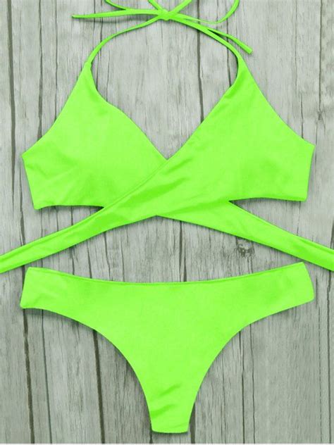 ad wrap bikini top and baroque bottoms neon green this wrap bikini set is an essential for