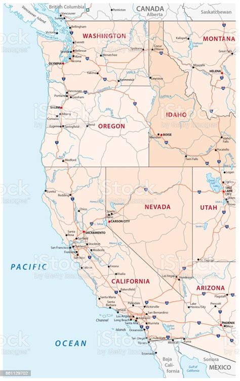 Strade Mappa Politica E Amministrativa Degli Stati Uniti Occidentali