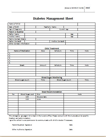 Diabetes Management Sheet Sample Printable Medical Forms Letters