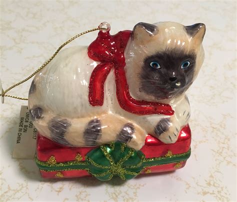 Vintage Blown Glass Cat Christmas Ornament Cat On Present Original