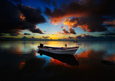 Wallpaper Boat Sunset Sea Bay Reflection Sky Vehicle Sunrise