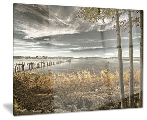 Pier In Brown Lake Landscape Photo Glossy Metal Wall Art
