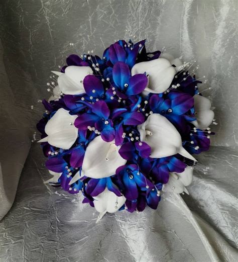 This Beautiful Bouquet Is Made With Purple Blue Velvety Soft Galaxy Orchids Real Touch Calla