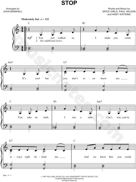 The Spice Girls Stop Sheet Music Easy Piano In C Major