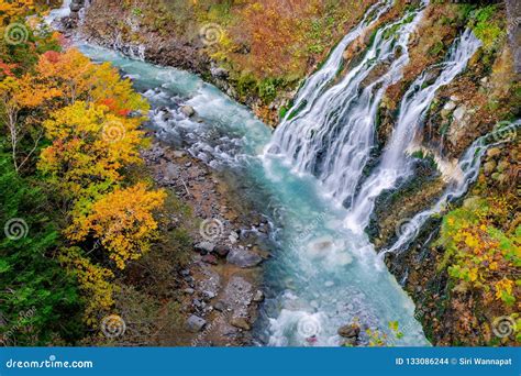 Shirahige Waterfall In Fall And Autumn Season Hokkaido Japan Stock
