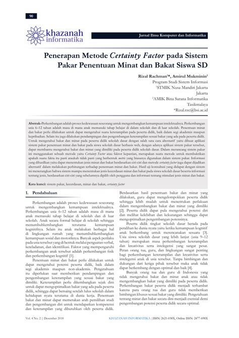 PDF Penerapan Metode Certainty Factor Pada Sistem Pakar Penentuan Minat Dan Bakat Siswa SD