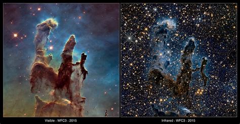 In their struggle to survive, lives and destinies intertwine. The Pillars of Creation — visible and infrared comparison ...