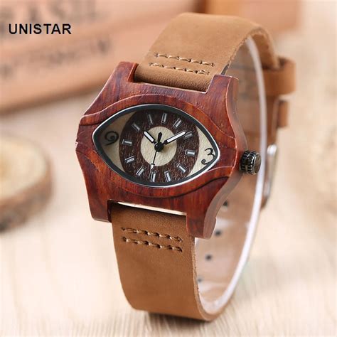 unistar luxury fashion angel eyes antique red wooden quartz watch with genuine leather band