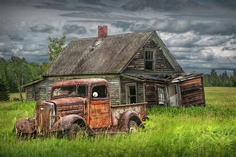 Old Abandoned Pickup By Run Down Farm House Photograph By