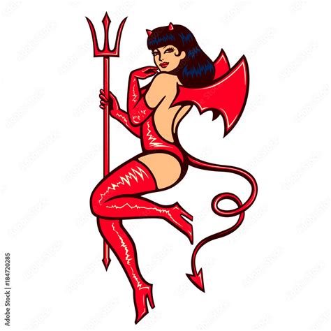 Vecteur Stock Sexy Vintage Pinup She Devil Girl Temptress In Erotic Red Latex Demon Outfit With