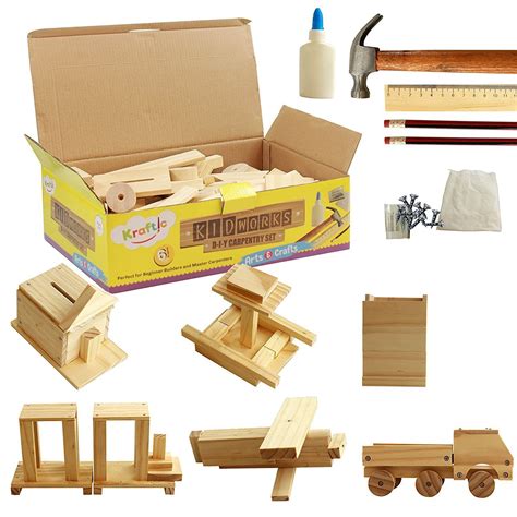 Kraftic Woodworking Building Kit for Kids and Adults, 6 DIY Carpentry