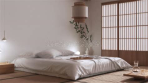 Blurred Background Japanese Bedroom Zen Style Double Bed Tatami