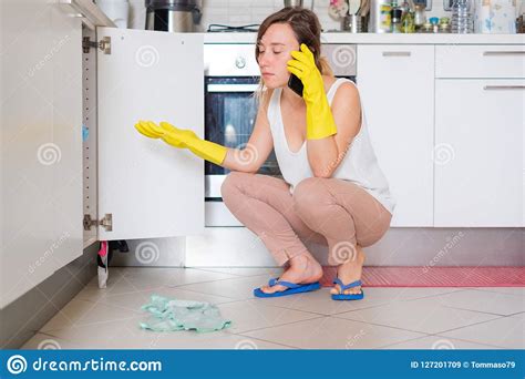 Desperate Housewife Calling Plumber Quick Service Stock Image Image Of Holding Home