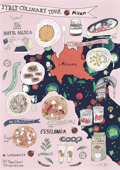 Italy Culinary Tour Milan Illustrated Food Map Yaansoon Illustration