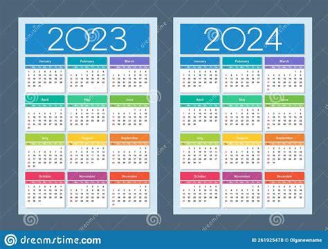 Colorful Calendar For 2023 2024 Years Week Starts On Sunday Stock