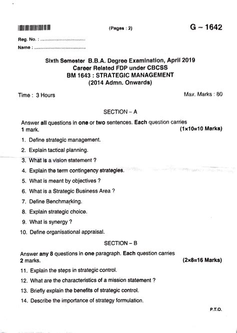 Strategic Management Previous Question Paper Bm G Pages