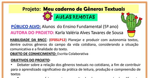 Projeto Meu Caderno De Gêneros Textuaispdf Gêneros Textuais Prática