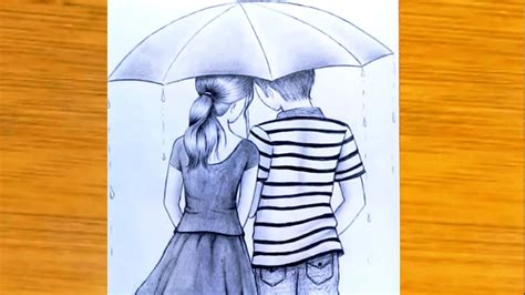 How To Draw Girl And Boy With With Umbrella Love`s Couple Step By Step Pencil Sketch Youtube