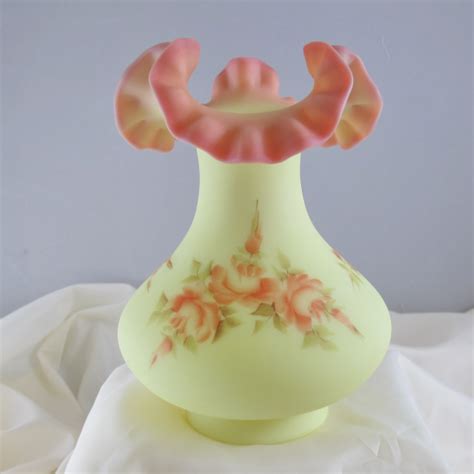 Fenton Hand Painted Roses Burmese Art Glass Vase Carnival Glass