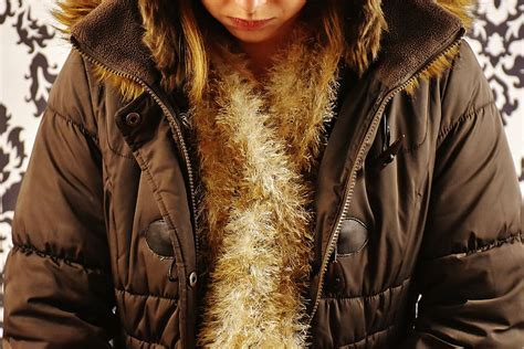 Woman Wearing Black Brown Zip Up Parka Coat Winter Jacket Scarf