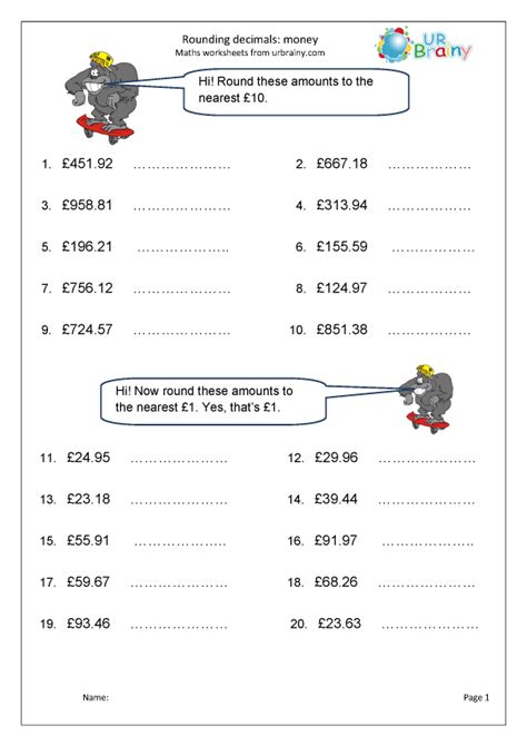 Rounding money (1) - Fraction and Decimal Worksheets for Year 6 (age 10