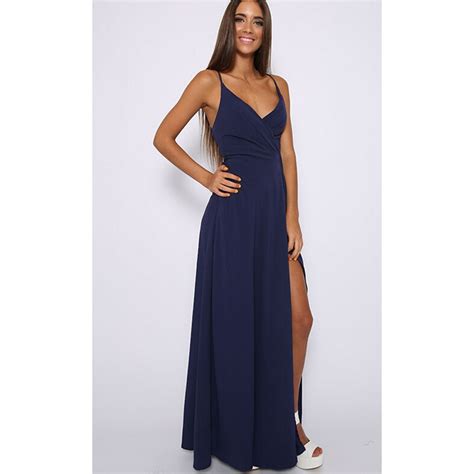 Sexy Navy Blue Prom Dresses With Split Side V Neck Long Prom Dress With Spaghetti Straps