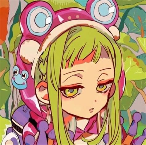 An Anime Character With Green Hair And Blue Eyes Wearing A Pink Hat