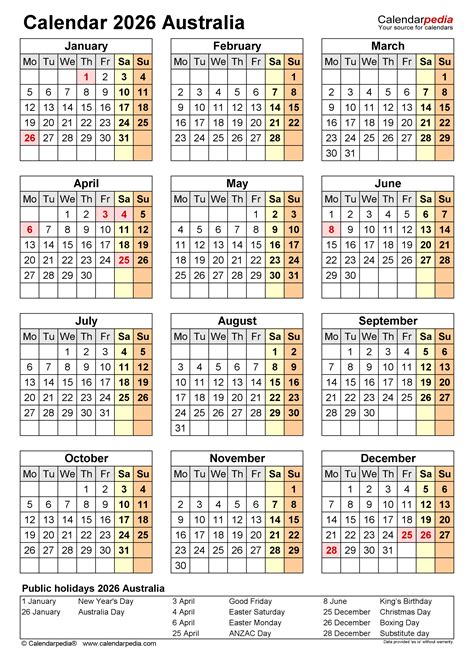 Australia Calendar 2026 Free Printable Pdf Templates