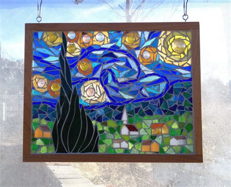 Van Gogh Starry Night Stained Glass Mosaic Panel For Window Famous Dutch Masterpiece Painting