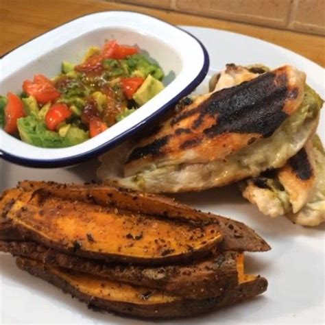 the body coach chicken pesto and mozzarella with sweet potato wedges and avocado and sweet chilli