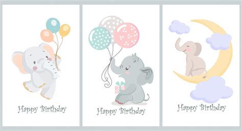 Conjunto De Tarjetas Para Niños Feliz Cumpleaños Lindos Elefantes Bebés