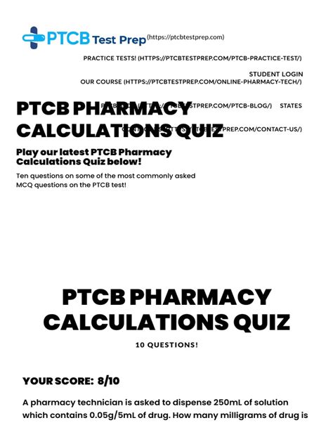 Ptcb Pharmacy Calculations Quiz Practice Mcqs At Ptcb Test Prep Pdf