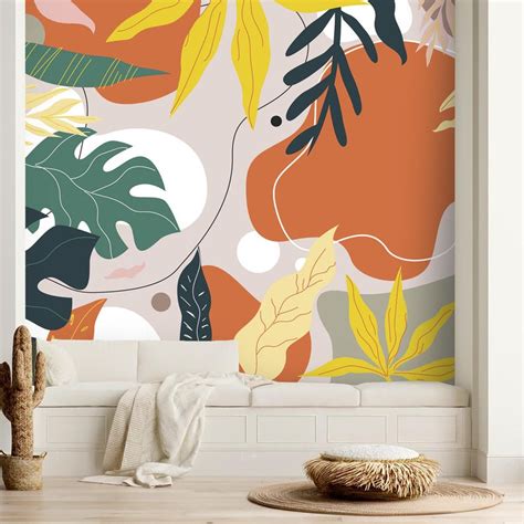 Modern Botanical Wall Mural Large Leaves Wallpaper Peel And Etsy In