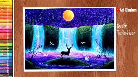 Art With Oil Pastels Moonlight Waterfall Scenery Drawing For