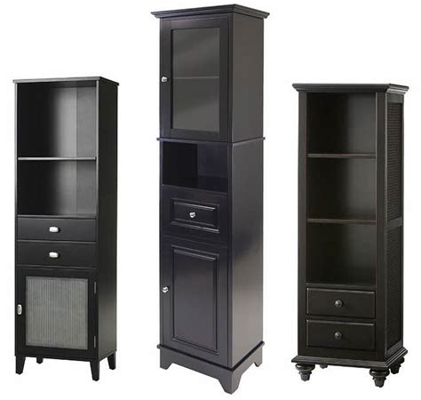 Designs which include classic mirrored cabinets, slim freestanding cupboards and cool corner units. Black wood linen tower cabinet - FindaBuy