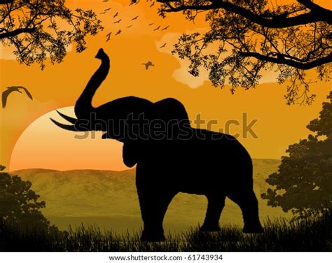 Silhouette View Elephant Sunset Wildlife Stock Vector Royalty Free