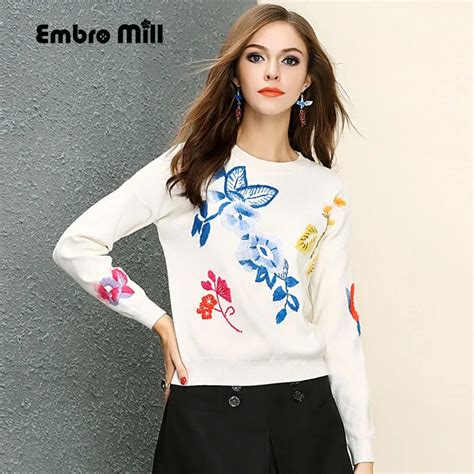 Royal Embroidery Flower Pullover Sweater Women Dress Autumn Winter