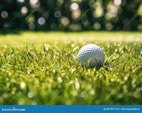 Golf Ball On Green In Beautiful Golf Course With Sunset Golf Ball