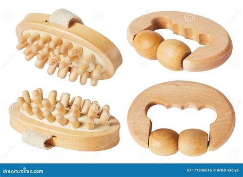 Wooden Massager With Rolls And Handheld Scrubbing Wooden Massager Isolated On White Background