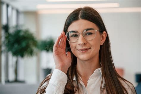 Beautiful Portrait Young Woman In Glasses And In Formal Wear Is Indoors Stock Image Image Of