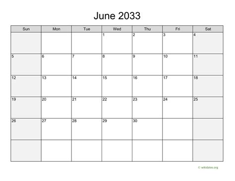 June 2033 Calendar With Weekend Shaded