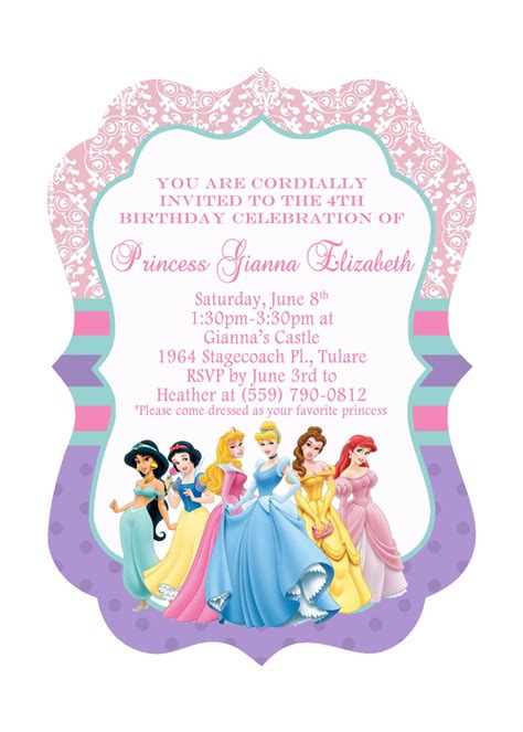 5x7 Ornate Disney Princess Birthday Invitation Front And Back