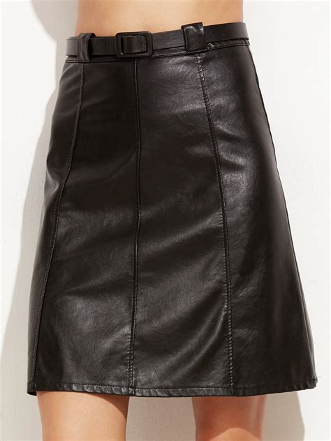 Black Faux Leather A Line Skirt With Belt Sheinsheinside