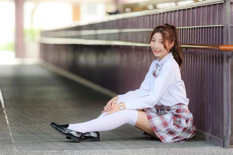 Asian Schoolgirls Sitting Legs Knee Highs Skirt T Shirt Stairs