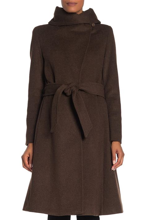 Cole Haan Wool Blend Shawl Collar Belted Coat In Brown Lyst