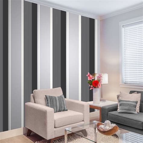 Stripe Wallpaper Bold Charcoal Grey Black White Silver