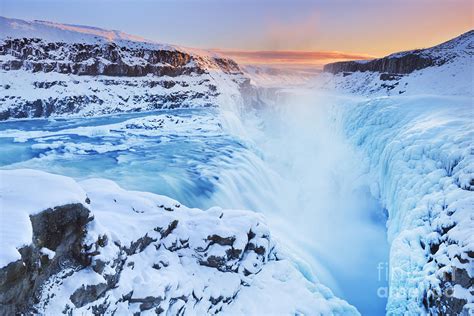 Frozen Gullfoss Falls In Iceland In Winter At Sunset Photograph By Sara