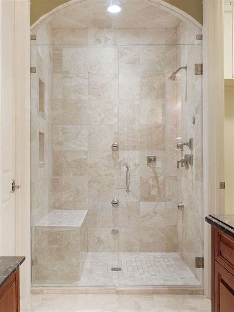 Black sink and bath fittings ground the otherwise light palette. Bathroom Shower Bench Design, Pictures, Remodel, Decor and ...