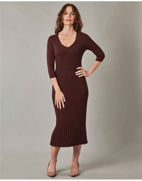 Chocolate Knitted V Neck Pleat Dress Pure Collection