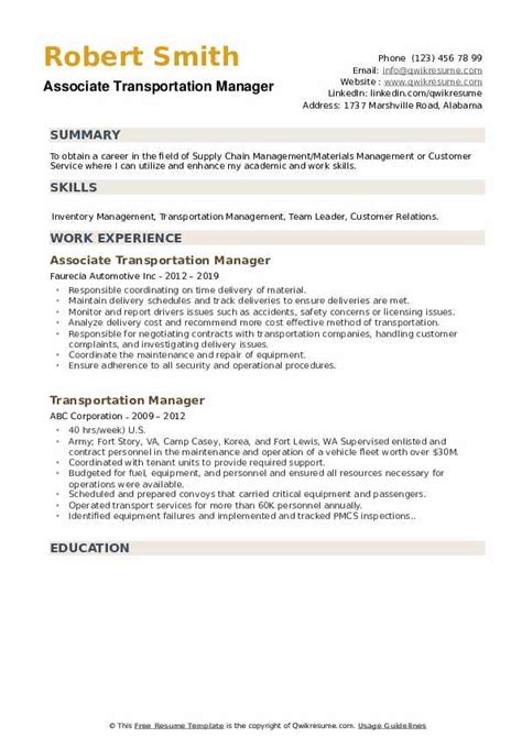 transportation manager resume samples qwikresume